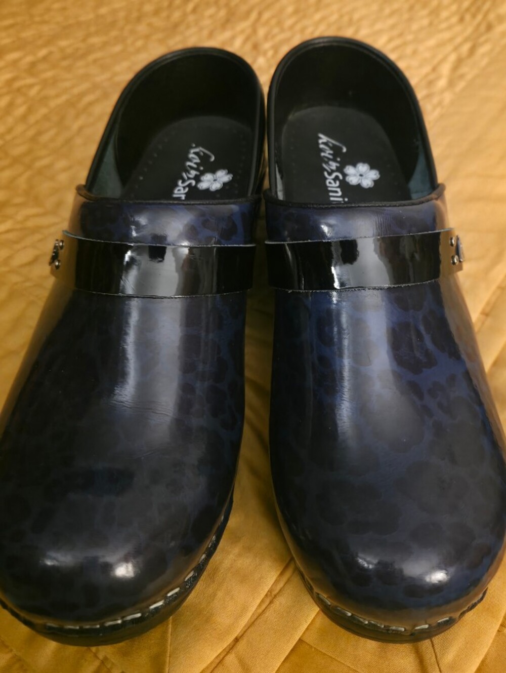 SANITA Navy Blue Leopard Print Clogs with Treaded Sole Size 38